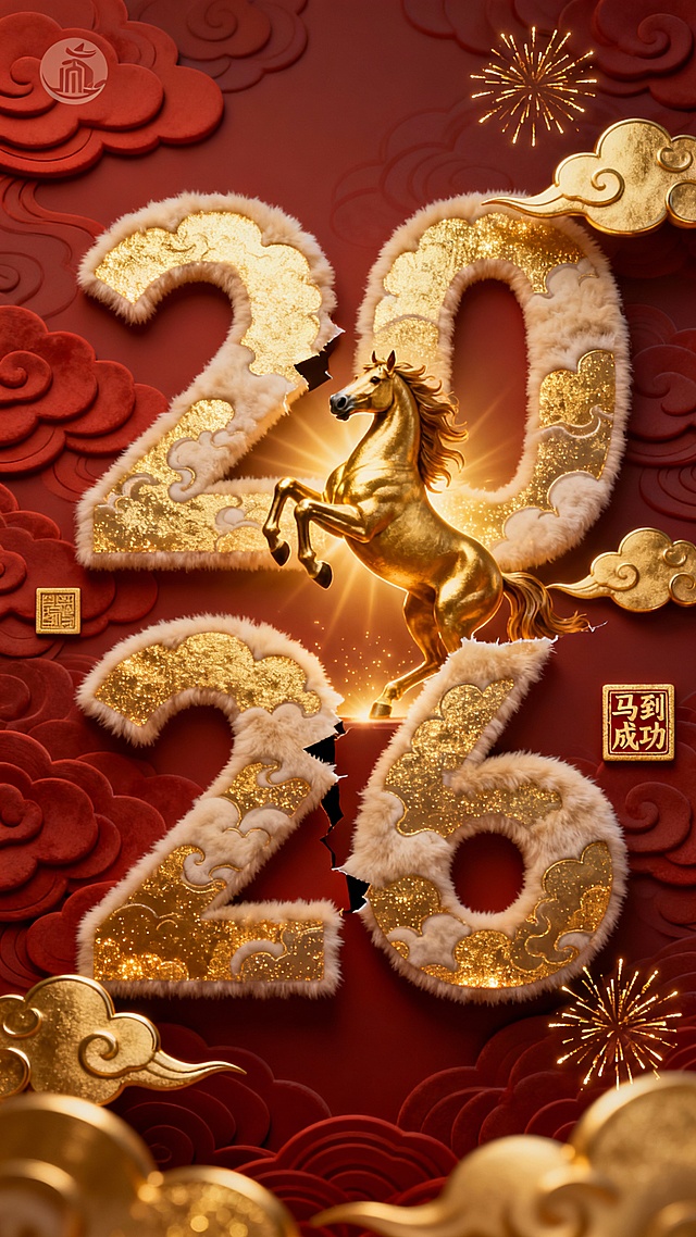 国潮风海报，暗红色祥云纹理层次立体感背景，巨大的“2026”数字，数字内部填充金色祥云纹理，带有焦散光泽效果，“2026”数字从中间断开，上面为“20”下方为“26”，上下左右对齐。中间位置有一个昂头跳跃起来的金色烈马，马头遮挡在数字“20”上方一点，马周围散发着金色光芒。周围有漂浮的金色祥云、方形“马到成功”印章，画面中点缀金色烟花，整体呈现3D毛绒质感，喜庆吉祥的节日氛围