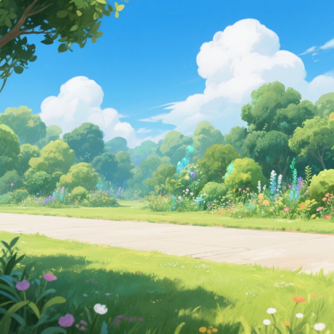 卡通游戏场景，前方是宽阔的草地路面，后方围绕着茂密的丛林花草，背景是晴朗天空和洁白云朵，整体画面整洁清爽，色彩鲜明，充满童趣预览效果
