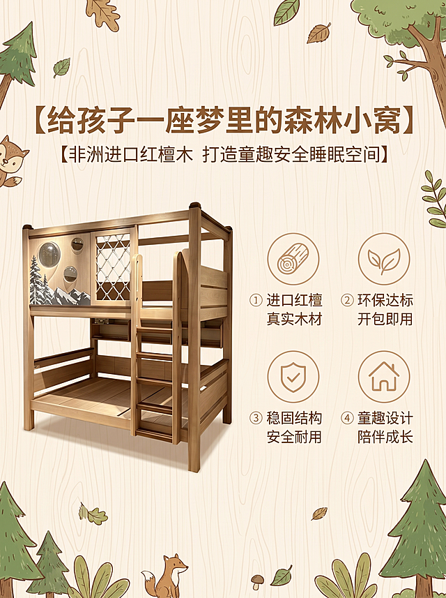 儿童实木树屋床详情页首屏：品牌故事+核心卖点，整体童趣温馨原木风格，背景浅米色木纹加手绘森林元素点缀。左侧产品全景图，右侧文字排版：大标题【给孩子一座梦里的森林小窝】，副标题【非洲进口红檀木 打造童趣安全睡眠空间】，下方四个核心卖点图标配文字：① 进口红檀 真实木材 ② 环保达标 开包即用 ③ 稳固结构 安全耐用 ④ 童趣设计 陪伴成长。文字排版简洁干练，字体自然温馨，配色原木浅棕，画面自然，比例 3:4，2K分辨率，清晰文字，真实质感，无过度AI化。