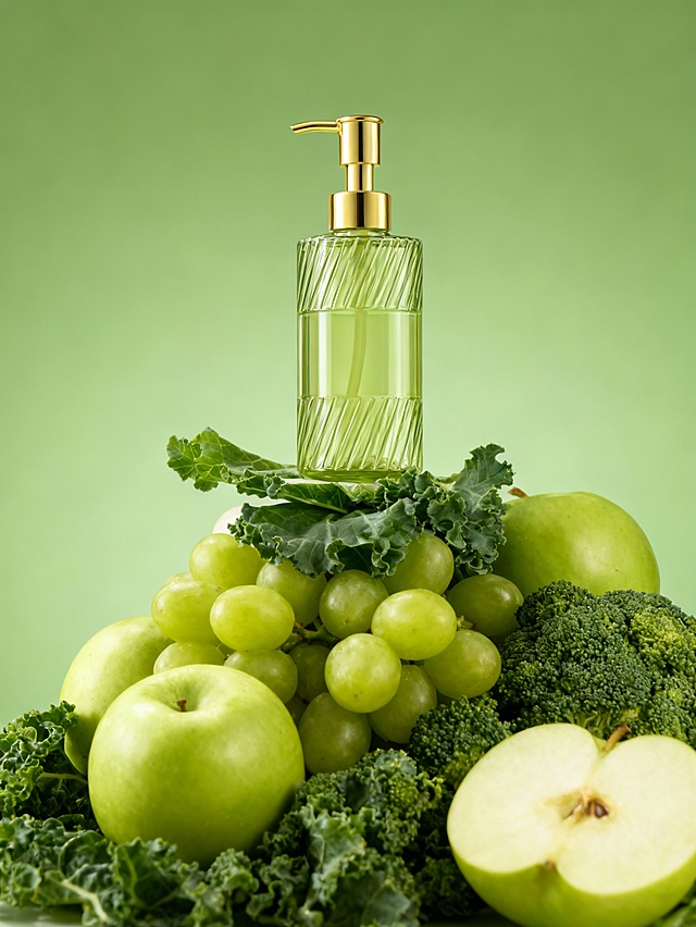 清新自然护肤商业摄影风格，纯净柔和的调性，画面整体采用低饱和绿色自然色系配色，柔和温润的暖调柔光色调；采用平视偏轻微俯视视角，主体居中式环绕构图；搭配青提、青苹果、绿叶蔬菜（甘蓝叶、西兰花）等新鲜绿色食材形成堆叠载体；主体位于画面正中央区域放置在绿叶蔬菜堆叠载体的顶部；绿色背景与食材自然色彩形成协调层次，柔和柔光布光凸显主体清透质感与食材新鲜度，营造自然纯净的护肤产品氛围