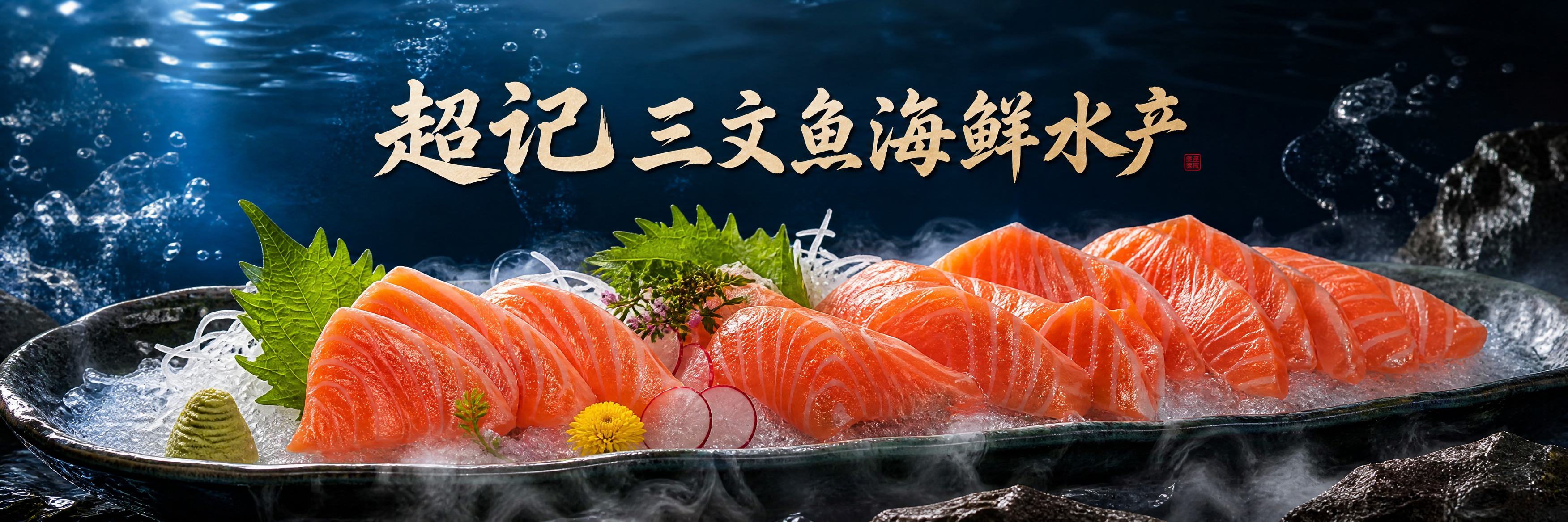 超写实摄影风格的三文鱼海鲜海报，横幅长图构图，画面展示精致的三… - 图片创意预览