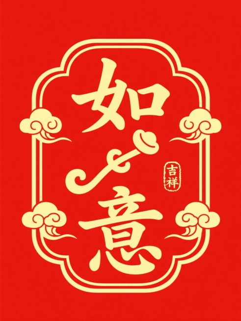 上下排列的书法风格金色 “如意” 二字，二字中间放置如意纹意剪影，两侧对称装饰金色云纹，字及元素被如意形边框包裹，搭配 “吉祥” 印章，红黄色调，红色背景。整体呈现古典雅致的中式美学。预览效果