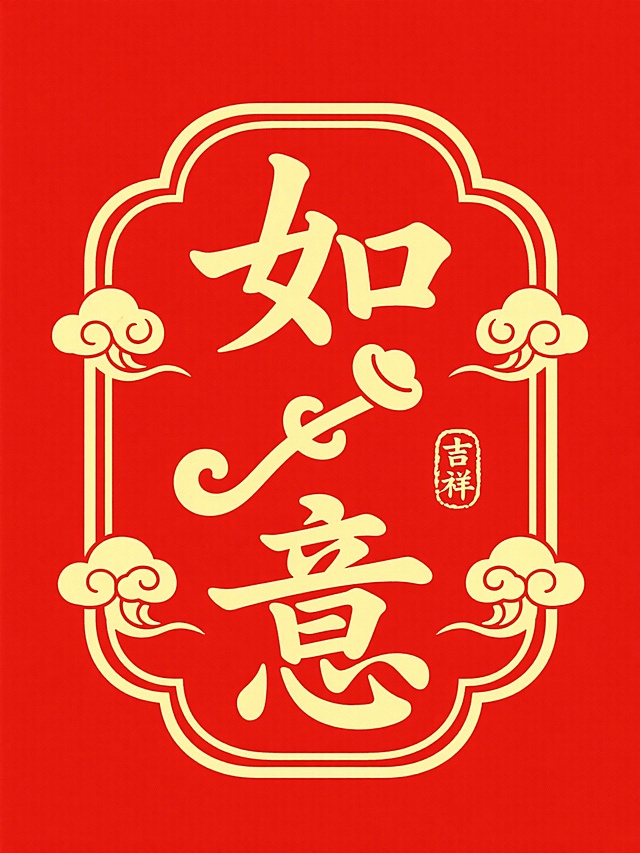 上下排列的书法风格金色 “如意” 二字，二字中间放置如意纹意剪影，两侧对称装饰金色云纹，字及元素被如意形边框包裹，搭配 “吉祥” 印章，红黄色调，红色背景。整体呈现古典雅致的中式美学。