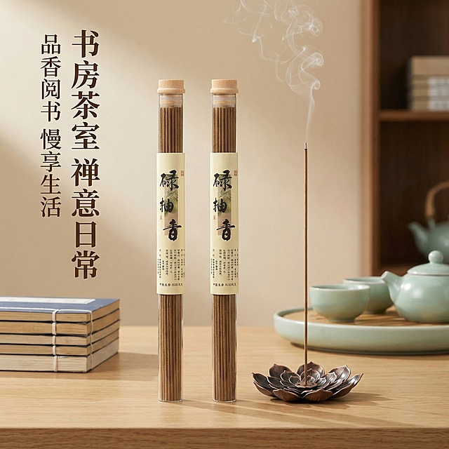 1:1竖版电商主图，严格还原上传的碌柚香线香产品图，包括透明管包装、木质瓶盖、竖排书法标签“碌柚香”、莲花香插的所有设计细节、颜色、LOGO位置、文字内容、图案元素，产品外观必须与参考图完全一致，不得改变包装设计、配色方案或品牌元素，保持线香的哑光木质质感、香插的古铜金属质感。画面展示中式书房/茶室场景：浅木色书桌、线装书、青瓷茶具，碌柚香线香与莲花香插放置于书桌中央，轻烟袅袅，背景为柔和米色，营造静谧禅意氛围。主标题：「书房茶室 禅意日常」，副标题：「品香阅书 慢享生活」，文字采用古风衬线字体，竖排排版，与场景自然融合。整体排版精致如杂志，视觉高级统一，30秒内抓住用户注意力。禁止改变产品包装设计、配色、LOGO位置，禁止添加无关场景元素，禁止模糊产品细节，禁止改变线香和香插的材质质感，禁止场景风格与产品调性割裂，禁止文字排版杂乱，禁止产品尺寸比例失调。