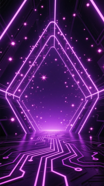3D渲染的未来科技场景，深邃的紫色背景中，纵横交错的霓虹线条勾勒出复杂的几何结构，无数闪烁的粉色光点如星尘般悬浮，底部是由发光的紫色电路纹路构成的地面，整体呈现出对称的构图布局，光线从底部中央向上渐强，营造出神秘而科技感十足的氛围，光影运用强调线条的锐利边缘和光点的散射效果，具有强烈的视觉引导性和空间纵深感。预览效果