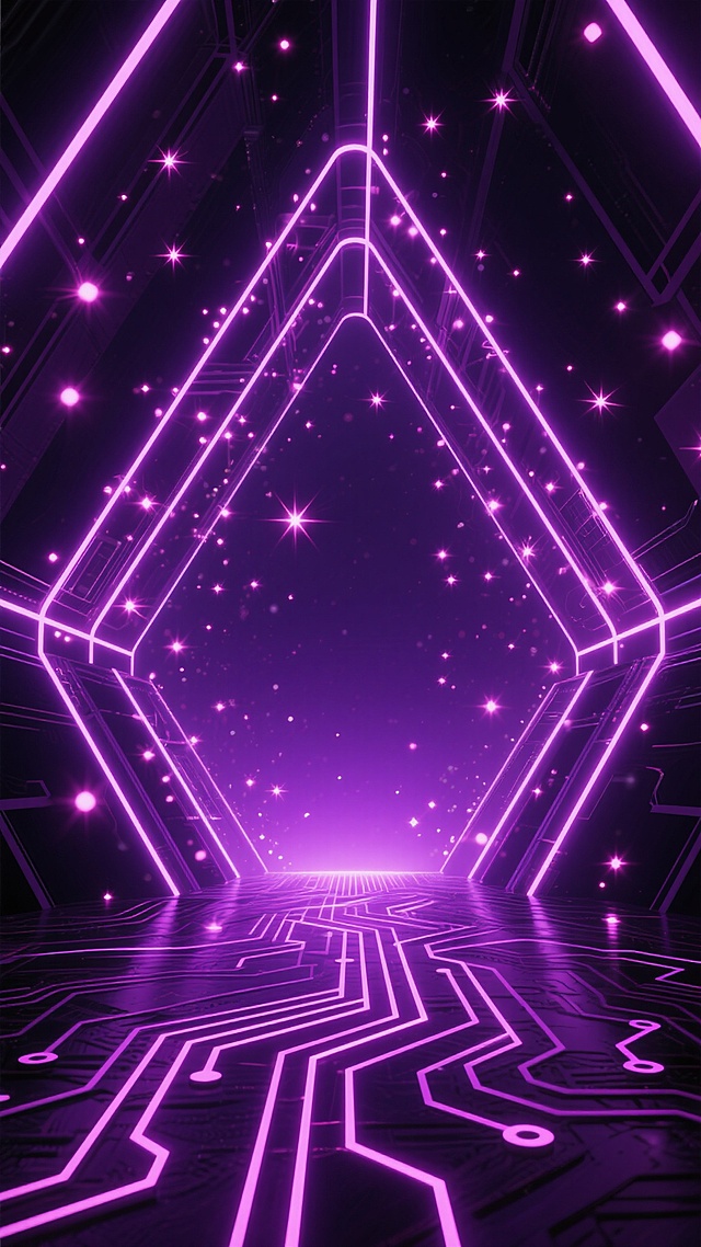 3D渲染的未来科技场景，深邃的紫色背景中，纵横交错的霓虹线条勾勒出复杂的几何结构，无数闪烁的粉色光点如星尘般悬浮，底部是由发光的紫色电路纹路构成的地面，整体呈现出对称的构图布局，光线从底部中央向上渐强，营造出神秘而科技感十足的氛围，光影运用强调线条的锐利边缘和光点的散射效果，具有强烈的视觉引导性和空间纵深感。