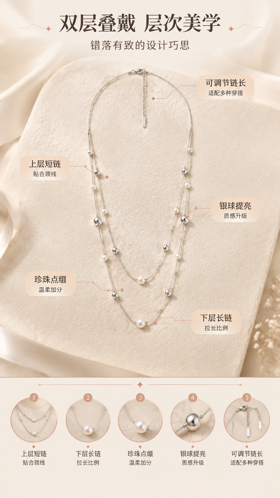 [商品] 使用【图1】双层叠戴珍珠银球项链；完整保留双层链条结… - 图片创意预览