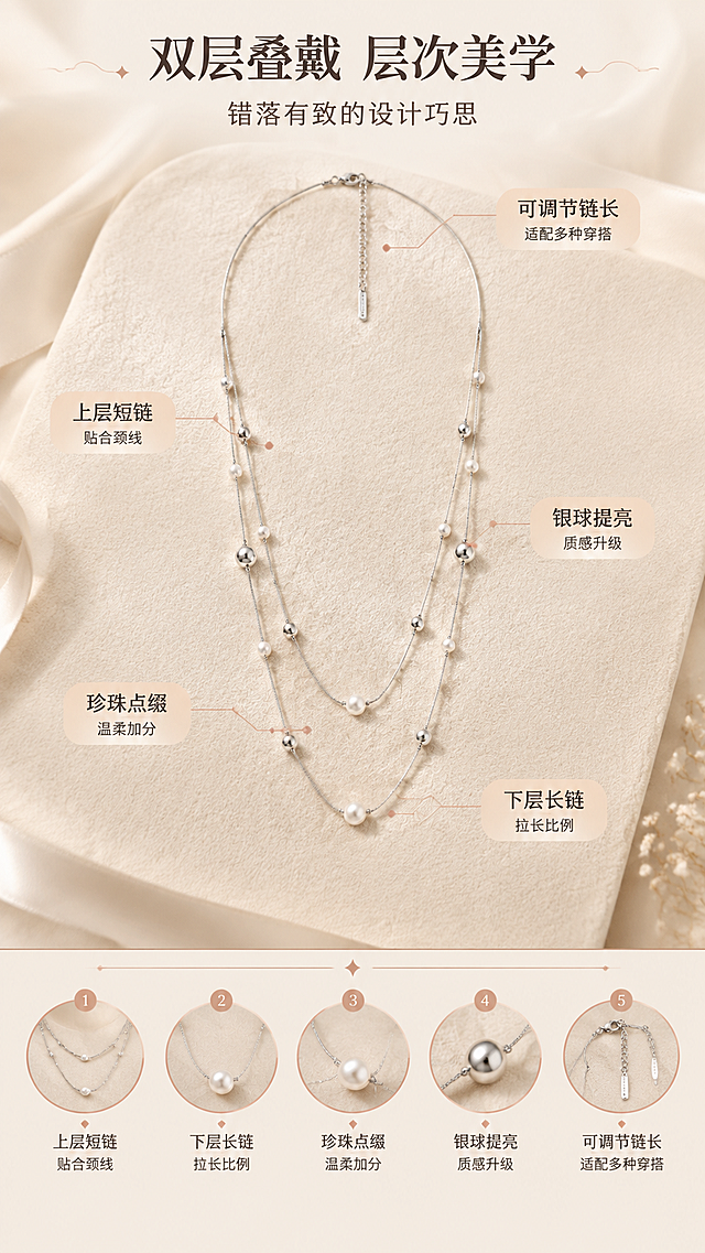 [商品] 使用【图1】双层叠戴珍珠银球项链；完整保留双层链条结构、珍珠与银球的大小错落分布、延长链与龙虾扣设计；项链平铺展开，结构清晰可见。
[画面] 设计亮点页，目标是解析双层叠戴的设计巧思。采用上下结构，上方为项链全貌平铺展示在浅米色绒布上，下方为设计解析区；用细金线引线分别标注上层短链、下层长链、珍珠点缀、银球点缀、可调节延长链五个设计部位，清晰展示错落有致的层次感。
[视觉] 套系策略：风格=轻奢高级商业珠宝摄影；标题字=优雅衬线粗体；正文字=简洁无衬线体；主色=米杏暖白；背景延展=基于米杏暖白做深浅渐变、丝绸质感和柔光晕染；强调色=玫瑰金粉，仅用于小面积图标、引线和装饰线条；标题色=深棕灰；正文色=中暖灰；组件=圆角浅金信息卡、细金线引线；光影=左前侧45度暖柔光，右侧补光，金属高光清晰，珍珠有温润反光。
[文字] 顶部主标题"双层叠戴 层次美学"，副标题"错落有致的设计巧思"，五个标注点分别配文字：「上层短链 贴合颈线」「下层长链 拉长比例」「珍珠点缀 温柔加分」「银球提亮 质感升级」「可调节链长 适配多种穿搭」。所有文字横向排版。
[规格] 图片比例9:16竖版，4K，避免变形、错字、文字过小、引线混乱、项链结构标注错误。