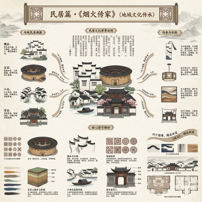 传统中式卷轴风格流程图，围绕“民居篇・《烟火传家》（地域文化传承）”主题展开。顶部标题区域融入徽派窗棂纹样装饰。中央融合徽派马头墙+窗棂纹样、客家土楼夯土纹理、江南民居乌篷船与白墙黛瓦、晋派四合院垂花预览效果