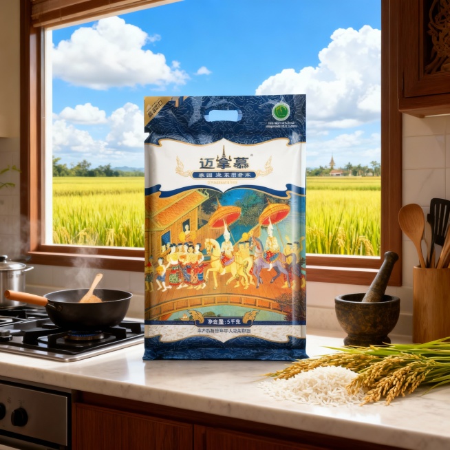 这款产品是泰国原装长粒香米10斤装，帮我生成8张泰国风格的电商主图，室内是泰国风格，整体画面明亮，室内背景以泰国稻田背景，蓝天白云，自然光线预览效果