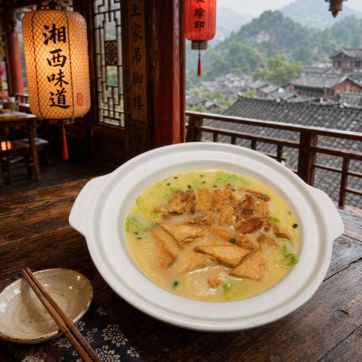 将背景替换为湖南湘西土家族吊脚楼风格的中式餐厅场景，暖黄木质结… - 图片创意预览