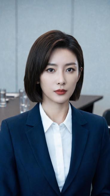 东方知性轻熟女性，干练职场气质，窄长鹅蛋脸，杏眼眼神沉稳，自然平直眉，精致鼻型，红棕色哑光唇；深棕偏分短发，发尾利落；身穿藏蓝色西装套装，内搭白色衬衫；背景为现代会议室，浅灰墙面 + 会议桌；侧前方冷预览效果