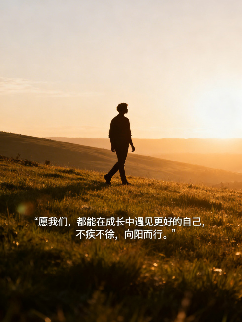 一个人的从容侧影剪影，放松姿态漫步在洒满温暖阳光的开阔山坡草地，望向远方，画面通透开阔充满空气感，整体色调温暖治愈，画面添加文字：“愿我们，都能在成长中遇见更好的自己，不疾不徐，向阳而行。”预览效果