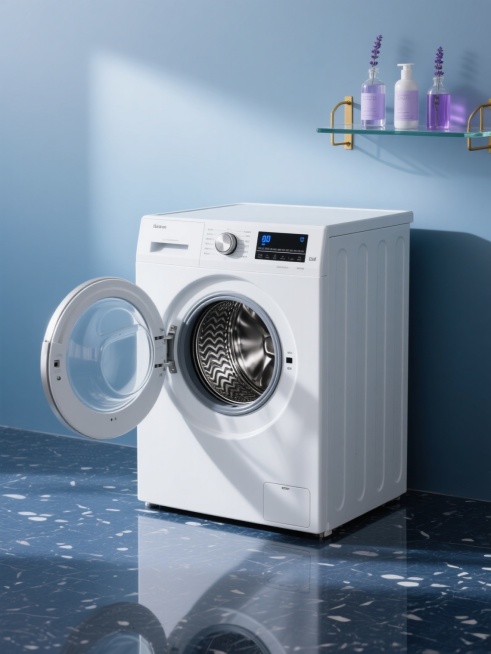 俯视角构图，极简主义厨房场景中央，一台哑光白前置式滚筒洗衣机舱门呈优雅的45度角半开状态，露出内部精密的银色不锈钢内筒与几何排列的波浪提升筋，正面圆形旋钮控制面板镶嵌着冰蓝色LED显示屏，机身侧面的激光雕刻竖纹在斜射的自然光下形成细腻的光影层次。洗衣机静置在深海蓝水磨石地面上，倒映出机身流畅的轮廓线，背景是渐变的冰川蓝哑光墙面，右侧悬挂着由黄铜支架固定的透明玻璃搁板，上面整齐排列着三瓶不同容量……预览效果