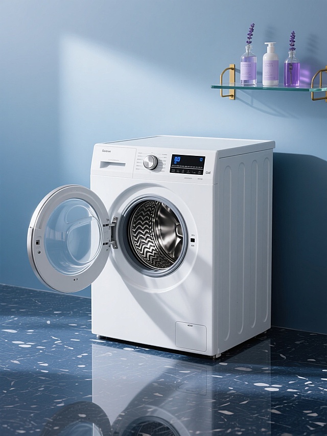俯视角构图，极简主义厨房场景中央，一台哑光白前置式滚筒洗衣机舱门呈优雅的45度角半开状态，露出内部精密的银色不锈钢内筒与几何排列的波浪提升筋，正面圆形旋钮控制面板镶嵌着冰蓝色LED显示屏，机身侧面的激光雕刻竖纹在斜射的自然光下形成细腻的光影层次。洗衣机静置在深海蓝水磨石地面上，倒映出机身流畅的轮廓线，背景是渐变的冰川蓝哑光墙面，右侧悬挂着由黄铜支架固定的透明玻璃搁板，上面整齐排列着三瓶不同容量的薰衣草香薰洗衣液，液体在光线折射下呈现出淡紫色光晕。整体色调以冷调白与深海蓝为主导，金属部件反射出柔和的高光，营造出兼具专业实验室般的精确感与居家空间的温馨氛围。