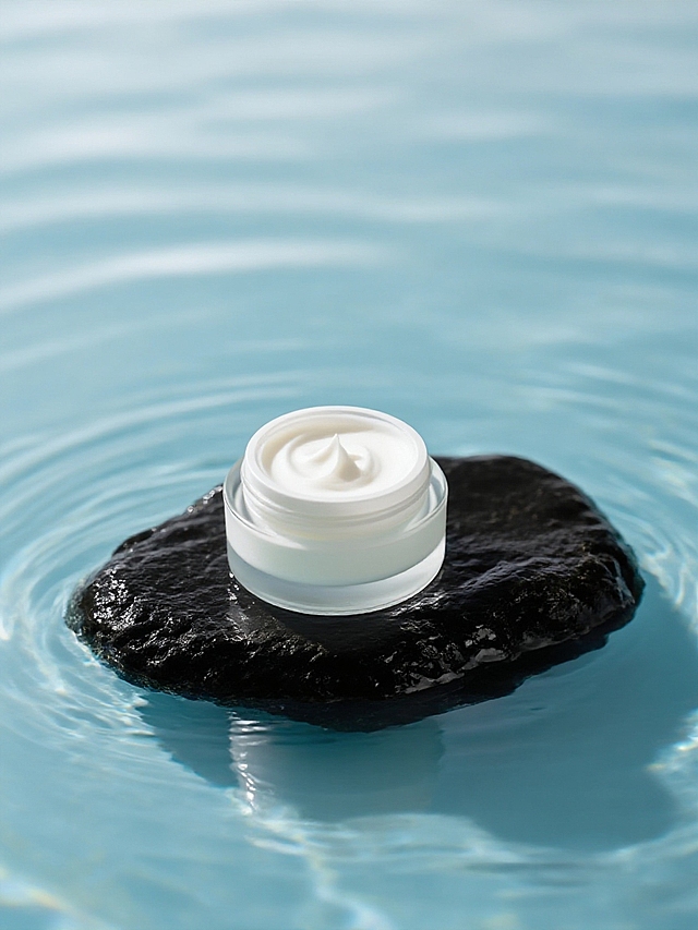 商业静物摄影。主体放置在水面上的黑色岩石上，背景是透明反光的淡蓝色水面，营造出明亮清新的氛围。简约高级的光影。