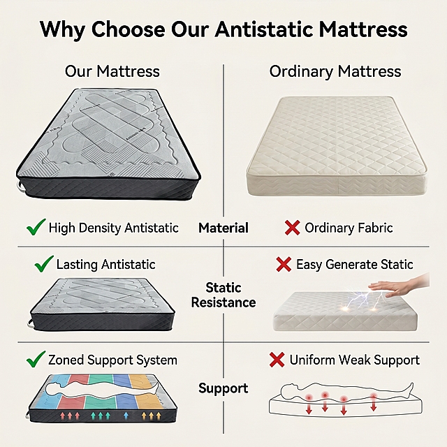 [Main Image-7] Product comparison of Antistatic Mattress, compare with ordinary mattress on the market. Multi-dimensional difference display.
[Atmosphere Style] Clear and objective professional contrast style.
[Quality] Clear contrast, accurate data display, high definition.
[Elements] The picture is divided into left and right columns, left column is our product, right column is ordinary mattress, each column has three comparison grids: top for material, middle for antistatic effect, bottom for support. In our product grid, keep the mattress appearance consistent with the original image. Mark the difference with check marks and cross icons, highlight the core advantages. Overall layout neat, clear contrast.
[Lighting] Even lighting, the contrast between light and shade is clear, and the difference is obvious.
[Color Matching] Light background, dark text, our product highlight green check mark, ordinary mattress use red cross mark, clear contrast.
[Perspective Composition] Left-right two-column comparison, each row of comparison aligned, neat layout.
[Text Layout] Top title "Why Choose Our Antistatic Mattress", bold centered. Left column header "Our Mattress", right column header "Ordinary Mattress", comparison rows:  1. Material: 「✓ High Density Antistatic」 vs 「✗ Ordinary Fabric」 2. Static Resistance: 「✓ Lasting Antistatic」 vs 「✗ Easy Generate Static」 3. Support: 「✓ Zoned Support System」 vs 「✗ Uniform Weak Support". Text clear, hierarchical, prominent advantages.
[Proportional Resolution] 1:1 ratio, 2K resolution; text clear, ultra HD.
[Negative prompt] deformation, watermark, text disorder, blurry product picture, messy background, Chinese characters