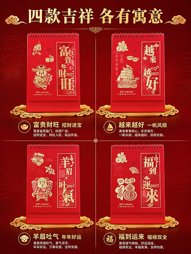 [商品] 使用【图1富贵财旺款】【图2越来越好款】【图3羊眉吐气款】【图4福到运来款】四款台历；保留每款的红色底色、烫金图案、主题文字、线圈装订、红色底座结构和颜色完全不变。
[画面] 目标：四款主题解读，并列展示四款台历并分别解读吉祥寓意。构图：上下两排，每排两款台历，等距排列，正面朝向镜头，略微仰视角度，每款台历占画面20%。背景：深红色渐变背景，带有隐约的金色祥云暗纹，每款台历下方有一个金色祥云纹样的装饰底座。台历之间有金色细线分隔，整体排列整齐有序。
[视觉] 套系策略：风格=新中式国潮高级商业摄影；标题字=宋体风格粗体；正文字=简洁无衬线体；主色=中国红；背景延展=基于中国红做深浅渐变、同色系暗纹和祥云纹理；强调色=烫金色，仅用于标题、图标、引线和装饰元素；标题色=烫金色；正文色=米白色；组件=金色细线、祥云装饰、圆形图标；光影=正面暖柔光，均匀照亮每款台历，突出烫金光泽。
[文字] 画面顶部居中放主标题'四款吉祥 各有寓意'。每款台历下方对应放主题名称和寓意说明：左上'富贵财旺 招财进宝'，右上'越来越好 一帆风顺'，左下'羊眉吐气 年年好运'，右下'福到运来 福禄双全'。文字排版整齐，金色字体与台历烫金呼应。
[规格] 图片比例3:4竖版，2K，避免变形、错字、文字过小、冷蓝/蓝灰背景、台历颜色改变、结构失真。