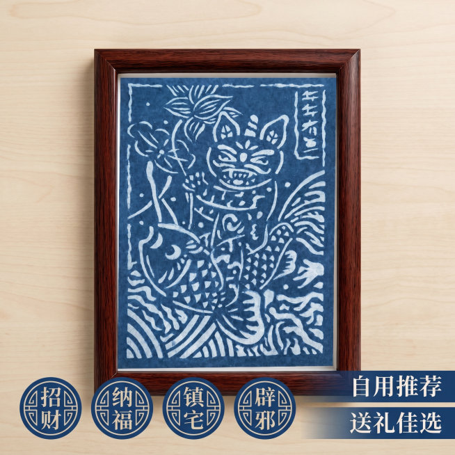 「图片1」，生成一套主图（5张），商品名称是《年年有鱼》非遗型糊染装饰画，卖点是非遗型糊染、手工制作、天然靛蓝染料、独一无二，寓意上招财、纳福、镇宅、辟邪，风格是新中式，A4大小，可摆放在桌面，挂墙上预览效果