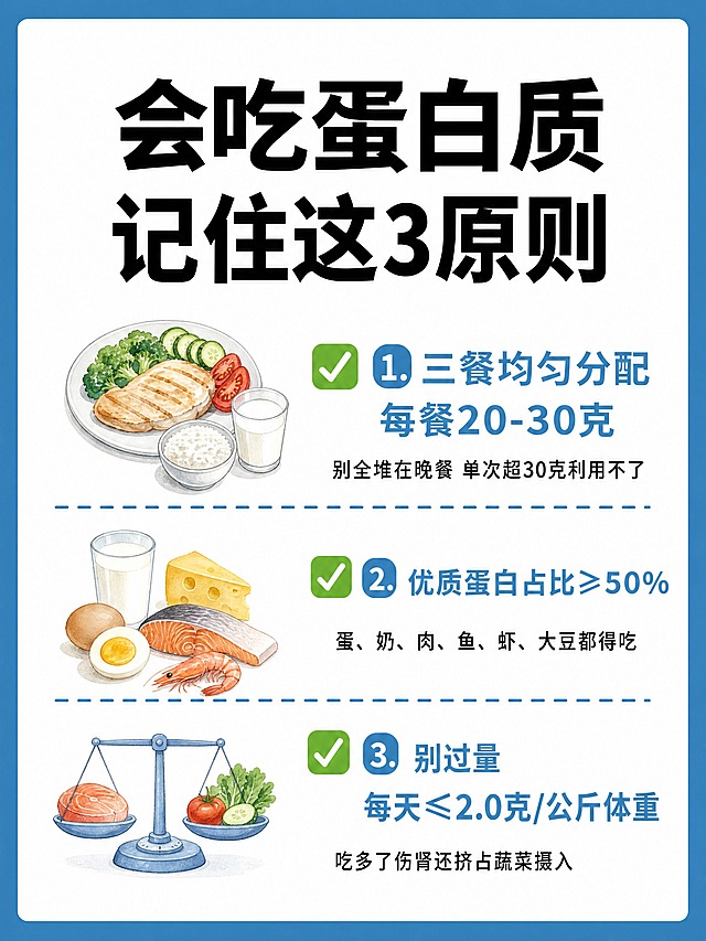 小红书笔记大字封面，插图大字，ins清新健康科普风，版式精美，小红书笔记封面质感，适合信息流点击。版式骨架、分区比例、色调体系与参考图保持一致（相似度约70%），文案与配图换为本次内容。主标题必须完整呈现且为画面视觉中心，逐字锁定：「会吃蛋白质 记住这3原则」。主标题字号占画面约40%视觉权重，清晰可读，不得增删改字。正文分3条列出，逐字锁定：「✅ 三餐均匀分配 每餐20-30克」小字「别全堆在晚餐 单次超30克利用不了」；「✅ 优质蛋白占比≥50%」小字「蛋、奶、肉、鱼、虾、大豆都得吃」；「✅ 别过量 每天≤2.0克/公斤体重」小字「吃多了伤肾还挤占蔬菜摄入」。背景：蓝色边框+白色内底，与参考图一致的蓝白健康科普配色。标题排版：扁平粗黑体，主标题黑色粗体居中，每条前配绿色✅符号，蓝色圆角序号标签。配图：每条旁配1个水彩手绘小插画（餐盘/蛋奶鱼虾/天平秤），清新柔和。装饰：蓝色虚线分隔线分隔每条内容。整体氛围：干货科普、实用方法、清晰可信。画质：高清细腻，信息层级清晰，主标题与背景强对比，文字完整处于安全区内不可裁切，四周留安全边距。画面比例3:4，4K。图生图：严格使用用户上传图片，【图1】= 版式风格参考图，参考其蓝边白底、水彩插画、分条排版的整体版式与色调。