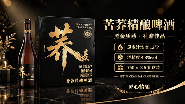 基于上传的苦荞精酿啤酒商品图（含棕色瓶装与黑色礼盒装），生成一张16:9横版高端黑金风格啤酒宣传海报。

【产品保真硬约束】
苦荞精酿啤酒100%还原上传商品图的产品外形、包装、LOGO、印刷文字、净含量，以上传图为唯一商品主体来源，完整保留原图中的瓶型、盒型、轮廓、结构、比例、瓶盖、标签版式、品牌logo、口味文字、容量信息、材质质感、颜色与正面朝向，包装、配色、产品结构、瓶身造型与标签布局均与上传图保持一致；正面朝向以品牌与标签主要信息清晰可读为准；设计仅作用于背景、光影、道具、版式和文字区；商品主体占比55%～75%，文字不遮挡主体。

【画面风格】
写实商业摄影风格，高端黑金质感，微醺礼赠氛围，奢华大气，精致高级感。

【配色】
主色调为深邃黑色与璀璨金色，黑色为底，金色点缀高光与文字，形成强烈对比，凸显高端品质。

【构图与版式】
16:9横版构图，画面左侧或中部为产品主体（棕色啤酒瓶+黑色礼盒装前后错落陈列），右侧或上方为文案区域，版式精美，层级分明，四周留足安全边距。

【场景与光影】
深邃黑色渐变背景，带有微弱金色光斑与粒子光效点缀，营造奢华氛围；侧前方柔光打亮产品，瓶身与礼盒呈现精致高光与金属质感，底部有柔和倒影；前景点缀少量虚化金色光斑，增加景深与氛围感。

【承托道具】
产品放置在黑色哑光大理石台面上，台面有微弱反光，凸显高端质感。

【文案内容（必须完整呈现且精确渲染）】
- 主标题（金色大字）："苦荞精酿啤酒"
- 副标题（金色小字）："黑金质感 · 礼赠佳品"
- 卖点标签1："原麦汁浓度 12°P"
- 卖点标签2："酒精度 4.8%vol"
- 卖点标签3："750ml×6 礼盒装"
- 品牌辅助文案："啤享 BUCKWHEAT CRAFT BEER"
- 底部装饰短句："匠心精酿"

【约束】
画面中所有数字必须精确渲染，不得错位、遗漏或编造；画面中所有信息区域必须填充完整合理的内容，不得出现空白框、空白占位、横线待填写区域；所有文字清晰可读，放在画面负空间，不遮挡产品主体；整体为完整可用的成品海报。
