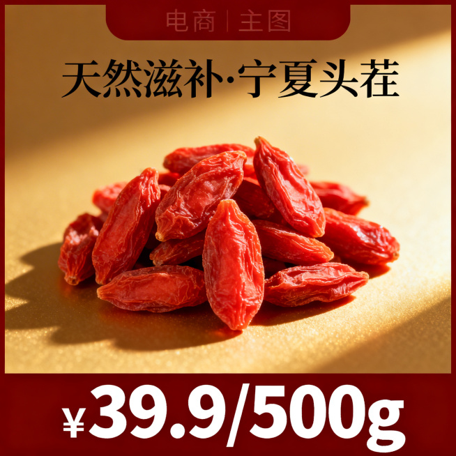 枸杞电商主图，三分区布局，顶部写'天然滋补·宁夏头茬'，中间展示鲜红饱满的干枸杞，采用侧逆光45度打光增强立体感与质感，背景为暖金色渐变，底部通栏深红底突出价格'¥39.9/500g'，用超大白色粗体预览效果