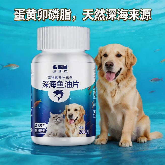 淘宝商品主图，1:1正方形，产品是瓜洲牧宠物深海鱼肝油片，搭配健康金毛狗狗使用场景，突出蛋黄卵磷脂成分，卖点文字："蛋黄卵磷脂，天然深海来源"，清新蓝色海洋背景，高点击率电商设计，商品展示清晰预览效果