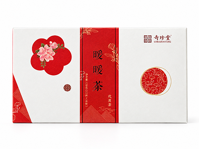 参考图1中的暖暖茶包装盒设计，生成一个纯白底背景的纯正面视角包装盒效果图，角度参考图2中包装盒的正视图角度。包装盒为长方形纸盒，正面完整保留图1中的所有设计元素：左侧白色区域红色花朵图案配粉色牡丹花，中间红色竖条区域竖排黑色大字"暖暖茶"、右侧小字"代用茶"、左侧竖排小字"净含量:120克(12克×10包)"，右侧白色区域上方"奇珍堂 CHEEZENTANG"品牌logo和红色圆形银杏叶花纹图案。整体为新中式国潮风格，包装精致，光影柔和，产品摄影质感，纯白背景，正视图平视角度，无透视变形，清晰展示完整正面包装设计。