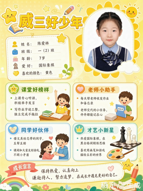 将标题中的“学习小标兵”修改为“威三好少年”，其余内容和整体风格保持不变预览效果