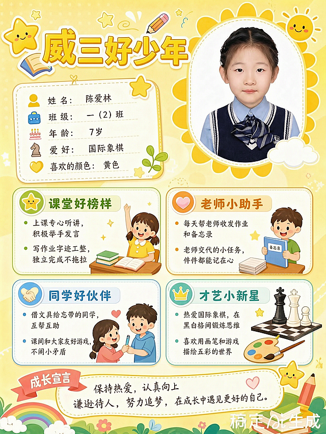 将标题中的“学习小标兵”修改为“威三好少年”，其余内容和整体风格保持不变