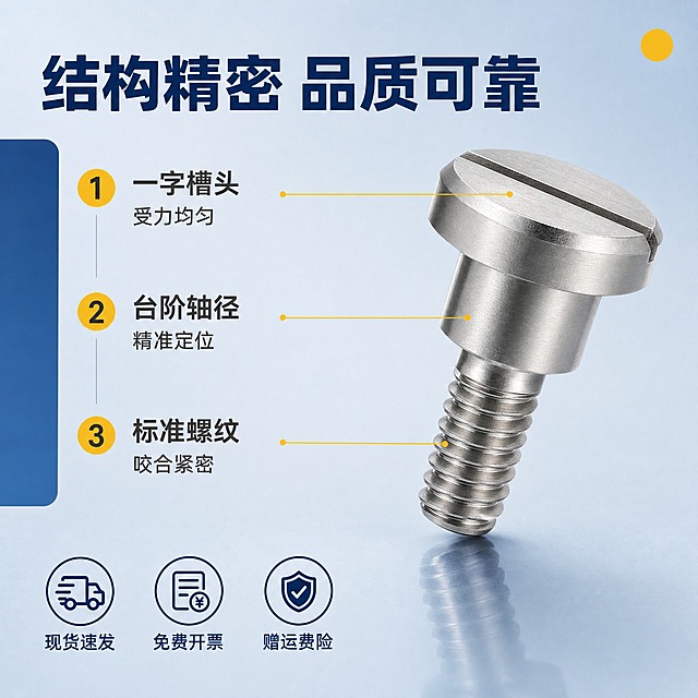[主图-2] 不锈钢304一字支点用台阶螺丝CBD 产品结构亮点图，展示螺丝的结构特点与核心优势。
[统一基调] 浅淡蓝渐变背景，高级哑光质感，不花哨，搭配深蓝色块与黄色色块点缀，主标题深蓝色粗体大字醒目，辅助文案深灰色，强调色为黄色，整体简洁专业工业风。
[画面] 右侧放置不锈钢304一字支点台阶螺丝产品主体，产品占画面高度约60%，产品略微倾斜展示完整结构，一字槽头部、台阶轴部、螺纹段层次分明，产品边缘清晰有高光和底部倒影。左侧用引线标注方式标出3个核心结构亮点，分别指向对应部位。
[光影质感] 商业产品摄影质感，柔和主光突出金属质感，螺纹纹理清晰锐利，台阶面有明显高光带，底部倒影自然，整体哑光高级感，金属反光干净不杂乱。
[配色] 背景为浅淡蓝色渐变，左侧中部有竖长条深蓝色块作为文字底衬，右上角有黄色小圆点装饰，主标题深蓝色，引线与标注数字黄色，卖点文字深灰色。
[文字版式] 左上部主标题粗体深蓝色大字："结构精密 品质可靠"。标题下方3条带黄色数字编号的卖点，每条两行："1 一字槽头 受力均匀"、"2 台阶轴径 精准定位"、"3 标准螺纹 咬合紧密"。每条卖点前有黄色圆形数字标。底部保留3个小图标卖点："现货速发"、"免费开票"、"赠运费险"。文字均在左侧区域，不遮挡产品。
[输出要求] 1:1正方形比例，2K分辨率，产品清晰结构分明，文字清晰可读，整体高级哑光质感，禁止变形、错字、模糊、杂乱、水印、平台Logo。
