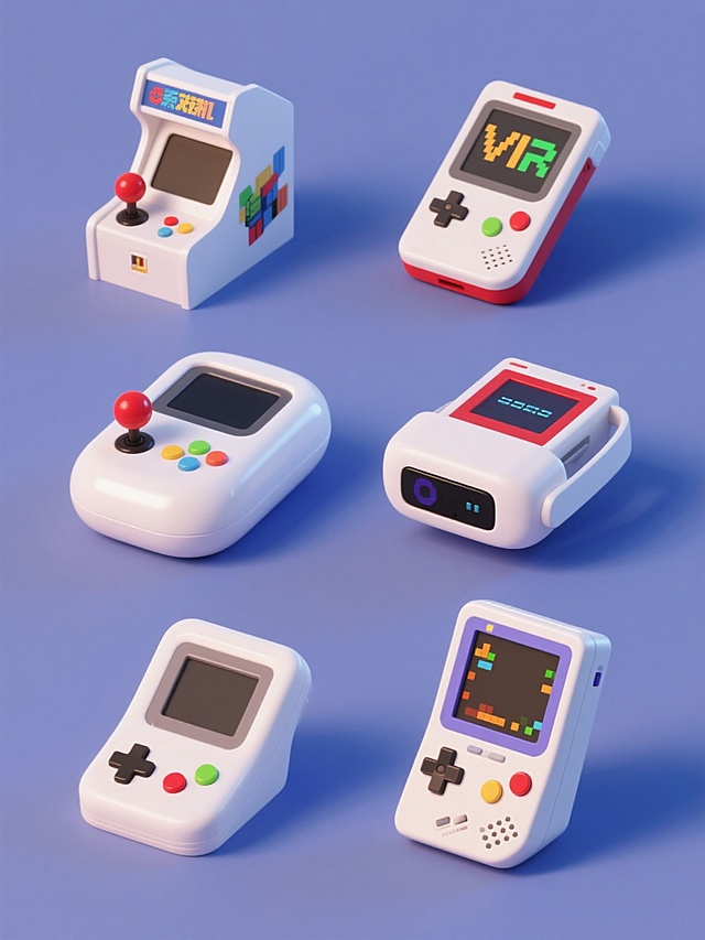 一套6个不同设计的游戏机系列素材集合，每个游戏机保持3D渲染风格，具有光滑圆润的白色机身和鲜艳的彩色按钮，采用纯色背景，元素类目为游戏机，包括街机摇杆、掌上游戏机、复古红白机、VR游戏机、便携式游戏机和复古像素游戏机，规整排布，每个游戏机细节丰富，光影柔和，色彩明快，设计感强，适合作为系列海报或素材使用。