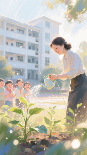 阳光下，一位慈祥、亲切的女老师，手拿喷壶，向幼苗浇灌。幼苗叶片上是学生的笑脸。远处是教学楼。预览效果