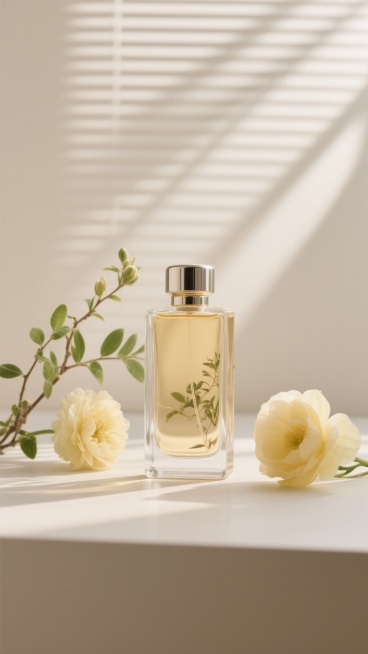 一张极简高级感的香水静物摄影，主体是一瓶透明方形玻璃香水瓶，瓶身呈淡金色，搭配银色金属瓶盖，瓶身内装有淡金色液体，液体中可见植物倒影。香水瓶放置在浅色平面上，左侧有几枝带有嫩绿叶片的植物枝条和一朵盛开的淡黄色花朵，右侧有两朵较大的淡黄色花朵，花瓣饱满。背景为柔和的米白色，上方有透过百叶窗投射下来的斜向条状光影，光线柔和温暖，营造出宁静优雅、自然清新的氛围。整体构图采用三分法，香水瓶位于画面中央……预览效果