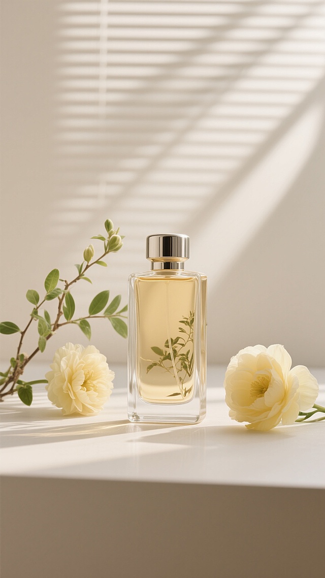一张极简高级感的香水静物摄影，主体是一瓶透明方形玻璃香水瓶，瓶身呈淡金色，搭配银色金属瓶盖，瓶身内装有淡金色液体，液体中可见植物倒影。香水瓶放置在浅色平面上，左侧有几枝带有嫩绿叶片的植物枝条和一朵盛开的淡黄色花朵，右侧有两朵较大的淡黄色花朵，花瓣饱满。背景为柔和的米白色，上方有透过百叶窗投射下来的斜向条状光影，光线柔和温暖，营造出宁静优雅、自然清新的氛围。整体构图采用三分法，香水瓶位于画面中央，左右花朵和植物形成对称平衡，光影层次丰富，阴影柔和自然，色调以米白、淡金、嫩绿和淡黄色为主，色彩和谐统一，质感细腻，细节清晰，无任何文字元素。