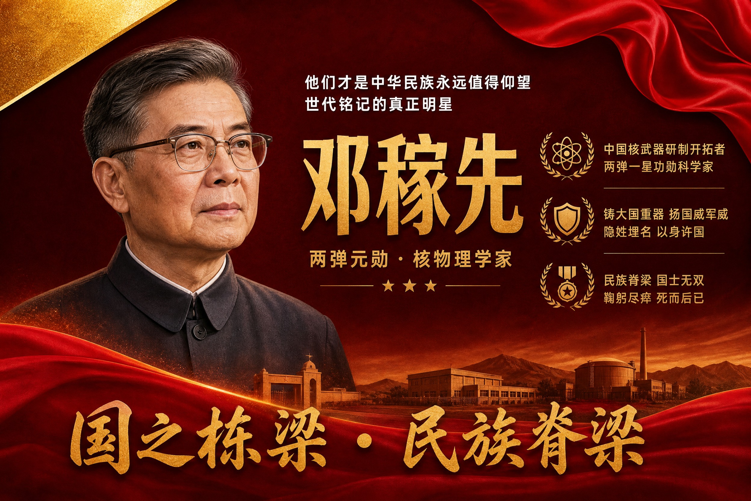 横版国之栋梁人物挂画海报，邓稼先主题，参考图风格复刻，红金配色… - 图片创意预览