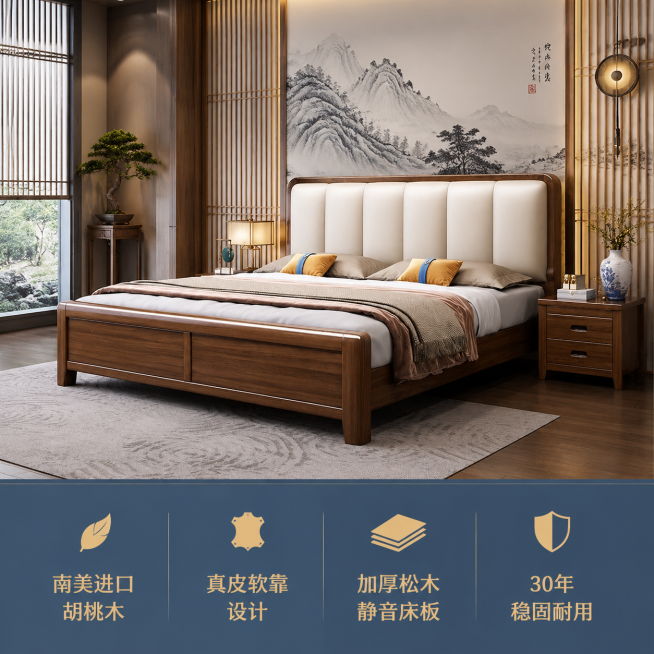 保持图片中真皮软包胡桃木床的款式和角度不变，更换背景为带有中式山水装饰、木质格栅、新中式家具点缀的国潮新中式装修风格卧室，在图片下方添加蓝色矩形区域，在蓝色矩形区域内用金字分行列出卖点：
南美进口胡桃预览效果