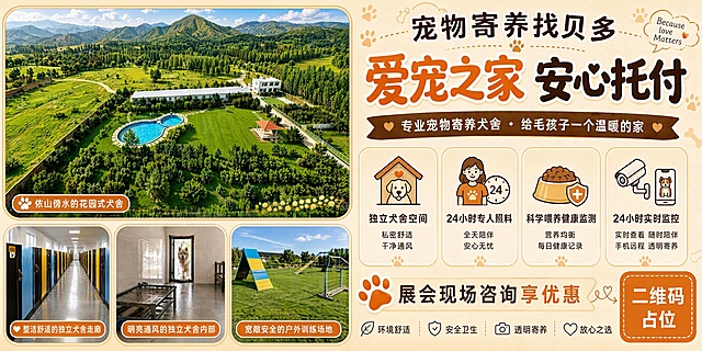 宠物寄养宣传海报，横版超宽幅，温暖治愈风格，米白浅橙暖色调。画面左侧是宠物庄园航拍全景（绿色山丘、树林、草坪、泳池、白色建筑），下方排列三张圆角实景照片：第一张是整洁的独立犬舍走廊（黄蓝相间房间），第二张是明亮通风的独立犬舍内部（瓷砖墙面、小床、门口有萨摩耶犬），第三张是户外训练场地（草坪上的彩色A板障碍设施）。画面右侧是文字信息区，顶部主标题大字"宠物寄养找贝多"，下方大副标题"爱宠之家 安心托付"，棕色飘带装饰写着"专业宠物寄养犬舍·给毛孩子一个温暖的家"。中间四个圆角方形卖点卡片横向排列：第一个卡片图标是小狗房子，文字"独立犬舍空间"，下方小字"私密舒适 干净通风"；第二个卡片图标是人物加24小时时钟，文字"24小时专人照料"，下方小字"全天陪伴 安心无忧"；第三个卡片图标是狗粮碗加盾牌，文字"科学喂养健康监测"，下方小字"营养均衡 每日健康记录"；第四个卡片图标是摄像头加手机，文字"24小时实时监控"，下方小字"实时查看 随时陪伴 手机远程 透明寄养"。底部写着"展会现场咨询享优惠"，右下角是橙色圆角方形二维码占位框，内有"二维码占位"文字。画面右上角有小云朵装饰写着"Because love Matters"。整体版式精美，温暖可爱，宠物爪印和骨头小装饰点缀，超高清4K画质，文件大小10M以上。画面中所有信息区域必须填充完整合理的内容，不得出现空白框、空白占位。