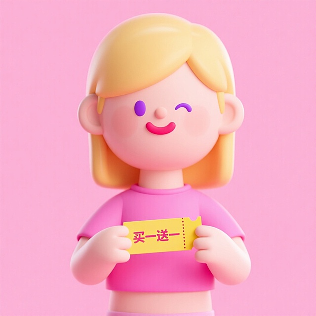 软3D粘土风卡通人物，可爱俏皮，手持“买一送一”促销券，粉色背景强化节日氛围，传递轻松愉悦的购物体验。