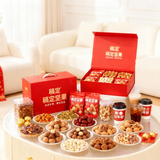 将图片中的物品清晰度提高，背景虚化，礼盒的文字第一行稿定，第二行稿定坚果，第三行品质好果，稿定优选。包装袋上的品牌名称为稿定，包装名称为稿定坚果，奶茶杯上的包装名称第一行写新春，第二行写过年好。文字清预览效果