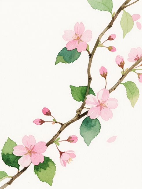 水彩风格插画，白色背景，藤蔓植物蜿蜒向上，枝头点缀着盛开的粉色樱花和含苞待放的花骨朵，绿色叶片呈现深浅不一的水彩色块，边缘带有自然的晕染效果，花瓣纹理细腻，色彩过渡柔和，整体构图疏密有致，保持清新淡雅的手绘质感。预览效果