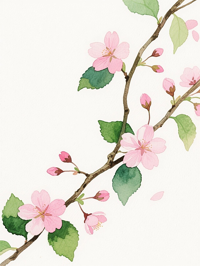 水彩风格插画，白色背景，藤蔓植物蜿蜒向上，枝头点缀着盛开的粉色樱花和含苞待放的花骨朵，绿色叶片呈现深浅不一的水彩色块，边缘带有自然的晕染效果，花瓣纹理细腻，色彩过渡柔和，整体构图疏密有致，保持清新淡雅的手绘质感。