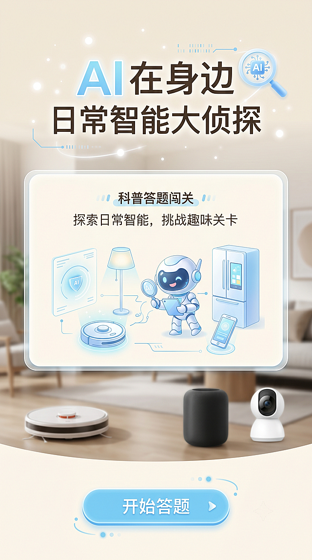设计科普答题闯关H5应用首页，标题为"AI 在身边：日常智能大侦探"，风格为轻拟物生活科技风格，温暖米白色背景，配合浅蓝色科技感主色调，模糊生活背景加上白色粒子光晕UI，页面下方显示开始答题按钮，整体简洁科技风，适合移动端H5展示