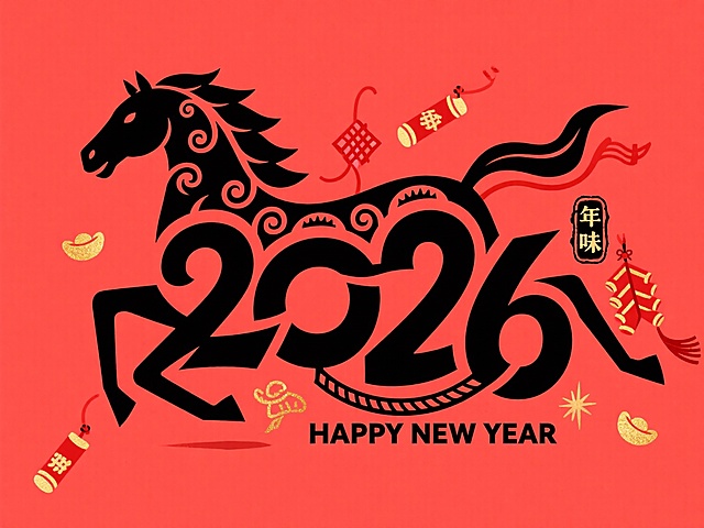 背景为纯红色，主体是黑色传统剪纸风格的奔腾骏马造型 —— 马身巧妙融合 “2026” 数字（“2” 化作马颈、“0”“6” 嵌入马身），线条流畅且带有剪纸特有的卷曲装饰感；马形旁点缀一枚黑色中式印章，印章内刻 “年味”，下方标注 “HAPPY NEW YEAR” 的黑色文字。画面加入金色鞭炮、红色中国结等传统元素，整体呈现浓厚年味。