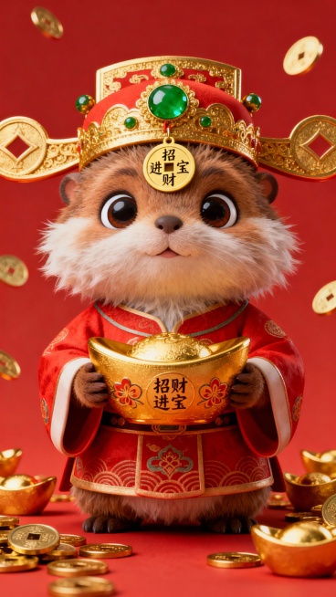一个可爱的[其他动物]穿着传统红色财神爷服装，头戴金色财神帽，帽子上有绿色宝石装饰和金色圆形“招财进宝”字样的吊牌，双手捧着一个金色的元宝，元宝上有“招财进宝”的字样和花纹，[其他动物]的毛发呈现出柔软蓬松的质感，眼睛又大又圆，表情呆萌可爱，背景是纯红色，周围散落着一些金色的铜钱和元宝，整体风格为3D立体，色彩鲜明，充满喜庆祥和的春节氛围。预览效果