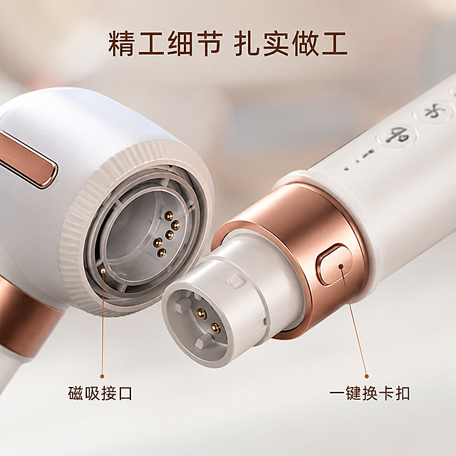 [主图 3] 七合一卷直发棒核心结构细节特写
[氛围风格] 温馨舒适科技未来风，简约质感背景
[画质] 商业摄影质感、超清细节、光线柔和通透、产品纹理清晰真实
[元素] 特写展示一键换卡扣和磁吸接口位置，主机和接口连接处居中呈现，放大展示卡扣和磁吸结构细节，清晰展示接口处磁吸设计和一键拆卸结构，背景做虚化处理突出细节。保持产品结构细节和颜色与原图一致，精准展现玫瑰金色金属质感和白色机身磨砂质感，精细化处理每一处细节。主体细节占画面约70%。
[光影] 侧光打亮接口处结构，突出磁吸和卡扣的轮廓与层次感，金属部位反光自然柔和，明暗对比恰当展示产品做工质感
[配色] 背景为浅暖灰色调，保留产品本身白+玫瑰金配色，整体温馨高级
[视角构图] 局部特写平视角度，聚焦核心连接结构，景深较浅突出细节，画面简洁主题明确
[文字版式] 顶部放置标题「精工细节 扎实做工」，底部左侧标注「磁吸接口」右侧标注「一键换卡扣」，纤细引线指向对应位置，文字简洁，大小适中，颜色对比清晰不遮挡细节
[比例分辨率] 1:1比例，2048*2048分辨率，文字清晰锐利，画面超高清
[负向提示词] 变形，水印，文字错乱，产品模糊，背景杂乱，过度锐化