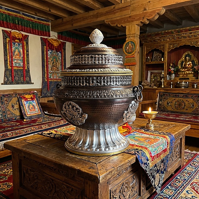 藏式家居背景，主图整体展示，桌面视觉整体展示，生成产品详情图，采用合金材质打造，纹理清晰，摆放精美，手工敲打，珠点锤纹，藏式糌粑盒储物罐摆件