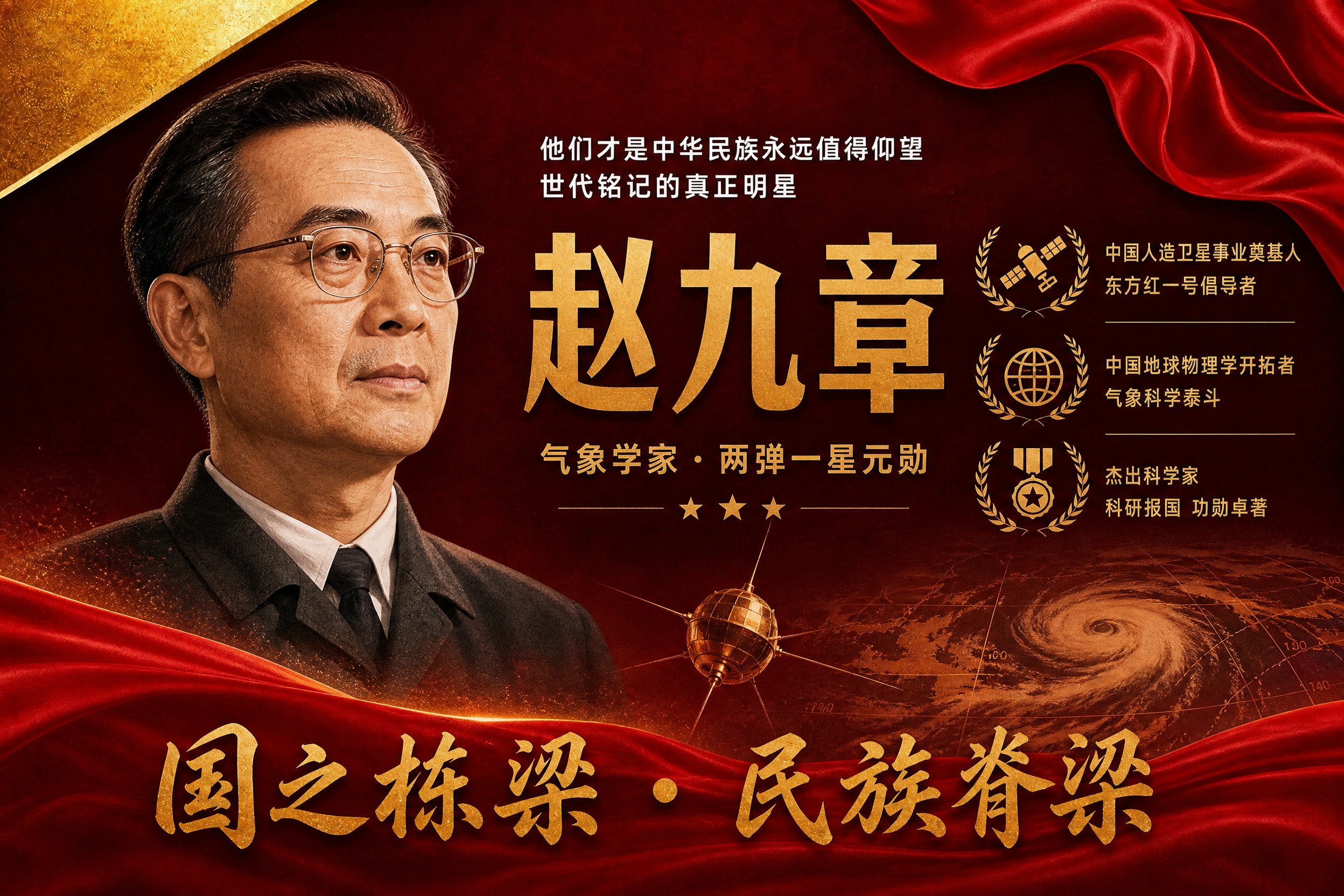横版国之栋梁人物挂画海报，赵九章主题，参考图版式风格复刻，红金… - 图片创意预览