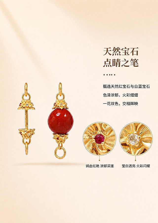 [商品] 使用原图中的两款古法足金双花螺丝扣（单只螺丝扣+南红圆珠款）；保留双花头造型、南红圆珠色泽、天然红宝石与白蓝宝石镶嵌位置、古法金砂面肌理、足金原色、两款产品的比例和悬挂方式；去除左侧横穿的透明鱼线，鱼线完全消除不留痕迹；禁止改结构、变形、发白过曝，宝石火彩自然真实。
[画面] 页面目标：天然宝石细节页，增加宝石细节放大展示；构图：左图右文，左侧产品图区（两款悬挂产品居中），右侧文字区；正文文案下方新增两个圆形宝石放大细节图，左右并排：左侧放大红宝石，右侧放大白蓝宝石，每个放大图下方配8字描述；阅读动线：右标题→右正文→下方两个放大细节。
[视觉] 套系策略：风格=古法金轻奢雅致商业摄影风；标题字=宋体衬线粗体；正文字=黑体无衬线常规体；主色=浅米金#FFF8E6；背景延展=浅米金到米白的竖向渐变，整体暖调；标题色=深棕色#6B4423；正文色=深棕色#6B4423；组件=六个点"......"装饰分隔线+圆形放大框+细引线；光影=左上方45°暖柔光，产品底部柔和投影，宝石火彩自然闪耀。
[文字] 右侧文字区左上对齐：主标题两行"天然宝石""点睛之笔"（粗宋大号），下方"......"分隔，正文三行"甄选天然红宝石与白蓝宝石""色泽浓郁，火彩熠熠""一花双色，交相辉映"（黑体）；正文下方两个圆形放大图左右并排：左圆放大花头上的红宝石，下方8字描述"鸽血红艳 浓郁深邃"；右圆放大花头上的白蓝宝石，下方8字描述"莹白透亮 火彩闪耀"；所有文字横排，不遮挡产品主体。
[规格] 保持原图比例和尺寸不变，分辨率4K；负向提示：避免鱼线残留、产品变形、改结构、发白过曝、死黑阴影、冷蓝背景、文字竖排、文字遮挡产品、宝石颜色失真、古法金肌理丢失。