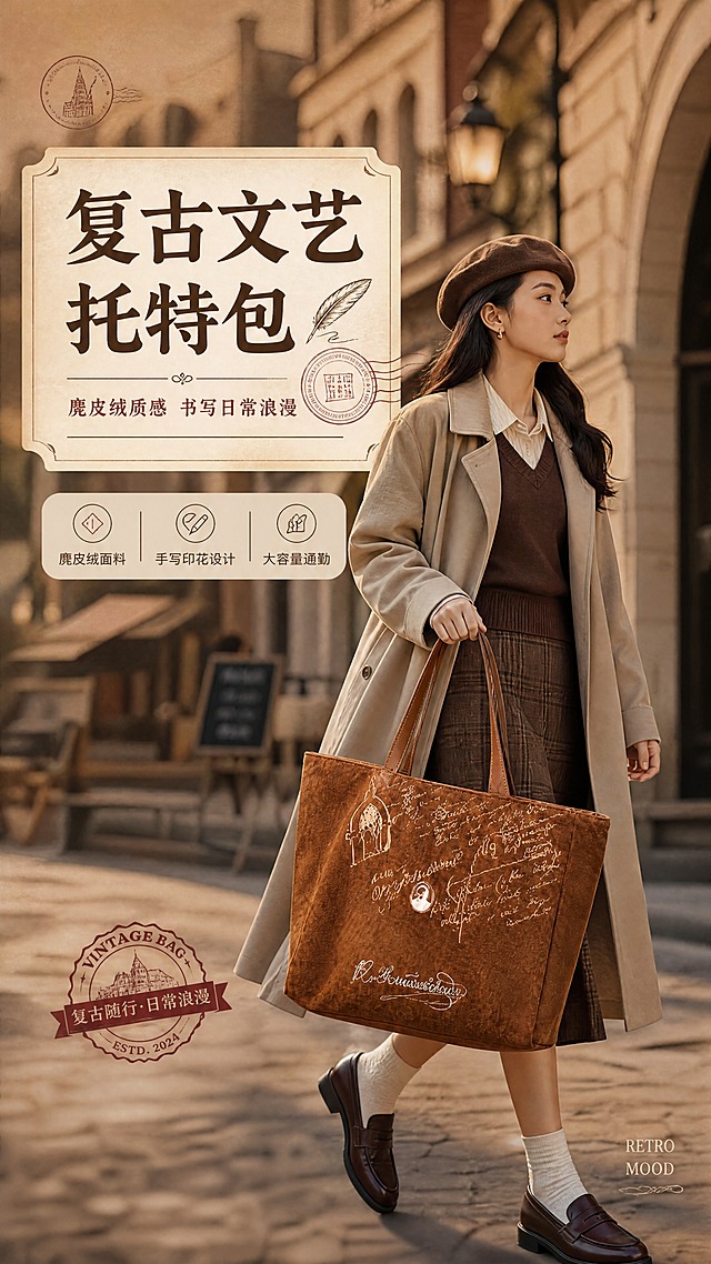 [商品] 使用【图1】棕色麂皮绒托特包；保留包型轮廓、棕色麂皮绒材质、手写体印花图案、建筑线稿图案、圆形徽章装饰、底部品牌刺绣文字、手提带结构与颜色；自然理顺包身形态，增强麂皮绒绒面质感、缝线细节和五金光泽，不改变版型、颜色和印花位置。
[画面] 目标：复古文艺风格头图海报，突出包型全貌与穿搭氛围。构图：左上文右图下，亚洲女性模特手提托特包行走在欧式复古街道场景，包位于画面视觉中心偏下，占画面约55%。景别：中景，模特膝盖以上。前中后景：前景虚化街道路面，中景模特手提包行走，后景复古建筑立面与暖调街灯。阅读动线：从左上标题区→中部模特与包→底部装饰文案。模特姿态：自然行走，一手轻提包带，另一手自然垂落，侧脸望向侧方，气质文艺优雅。
[视觉] 套系策略：风格=复古文艺画报风，暖棕色调高级商业摄影；标题字=复古衬线粗体，带轻微手写质感；正文字=简洁无衬线体；主色=焦糖棕；背景延展=基于焦糖棕做深浅层级、同色渐变和细腻纸张/绒面质感；强调色=酒红+米白，酒红仅用于小面积标签、引线和标题装饰，米白用于文字底衬；标题色=深棕近黑；正文色=暖棕灰；组件=圆角米白底信息卡、细棕线引线、复古印章式标签；光影=左前侧暖柔光，右侧柔和阴影，营造午后阳光氛围感。
[文字] 左上区域主标题「复古文艺托特包」，副标题「麂皮绒质感 书写日常浪漫」，下方3个短卖点：麂皮绒面料 | 手写印花设计 | 大容量通勤；文字区用米白色圆角卡片承托，不遮挡包身主体和印花图案；右下角小号英文装饰「RETRO MOOD」。
[规格] 图片比例9:16竖版，4K，避免变形、错字、文字过小、冷蓝背景、包颜色改变、版型失真、印花错乱、绝对化用语。